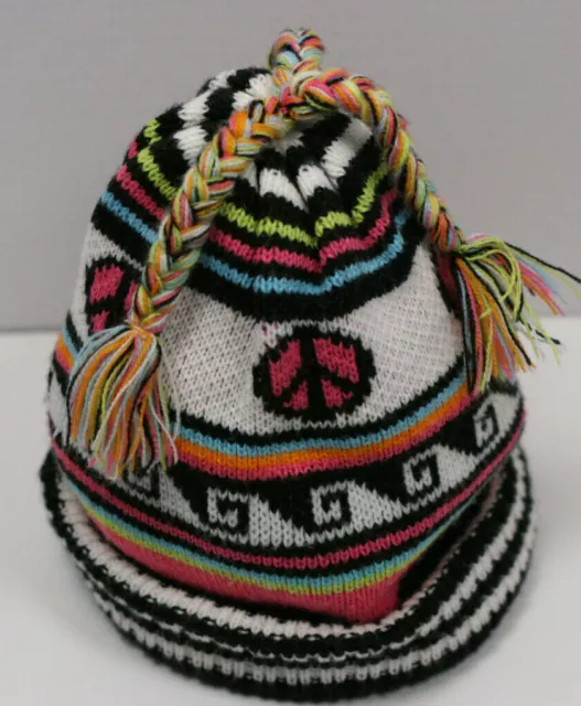 The Childrens Place Hat Size 7 8 Peace Sign Pink White Blue Striped Winter Girls