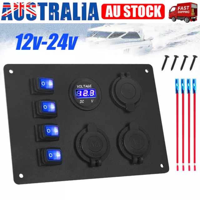 4 Gang 12V Switch Panel Rocker USB ON-OFF Toggle Marine Boat Truck Waterproof AU 2