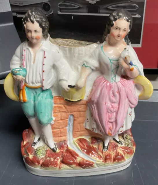 ANTIQUE FLAT BACK FIGURINE YOUNG  COUPLE OLD CRAZED NEEDS TLC 9.5in T  7in W