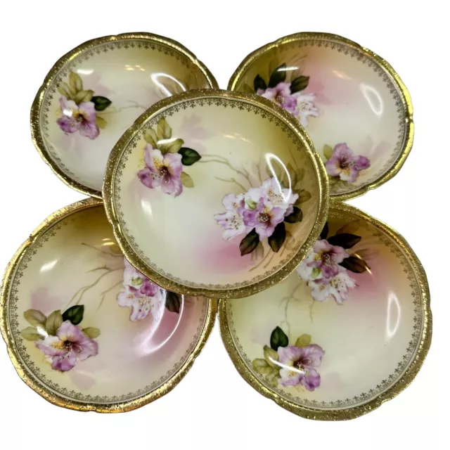 5 RS Prussia Hand Painted Porcelain Berry Bowls 5” Purple Flowers, Gold  EUC ￼