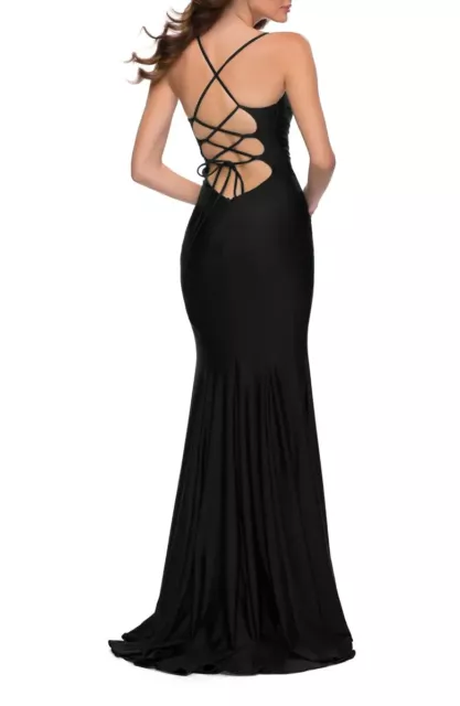 La Femme Black Cross Back Satin Jersey Trumpet Gown Size 2 Orig $328