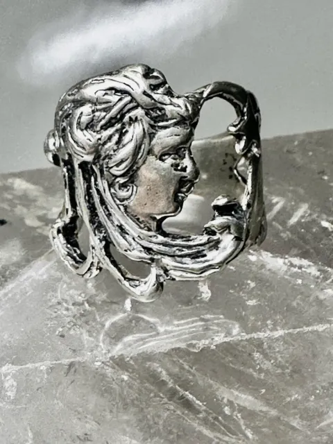 Face ring lady star size 6.25 long hair art deco style sterling silver women