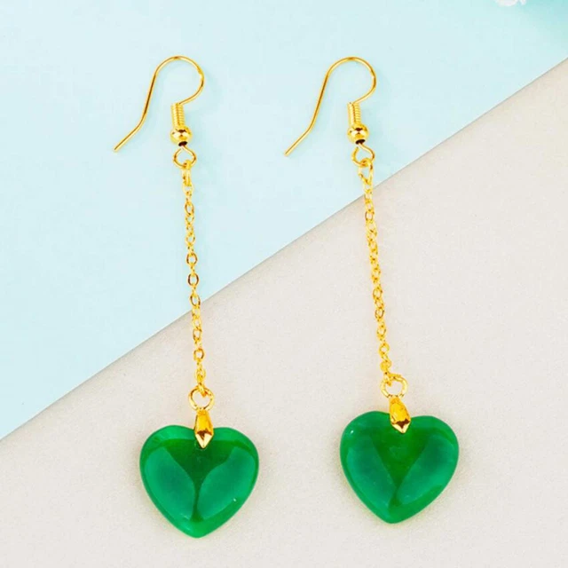 Natural Jadeite jade heart Earrings 18k Hook chain eardrop Hook Freshwater