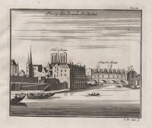 Paris Pont Saint-Michel Notre-Dame Seine gravure Kupferstich engraving 1735