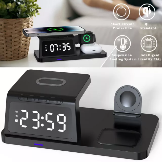 4 in 1 Wireless Charger 15W For iPhone iWatch Qi Fast Charging Dock Alarm Clock