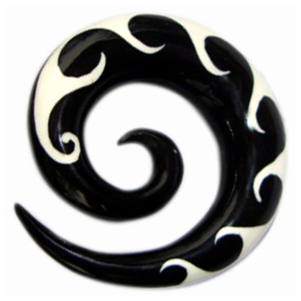 Spiral Tribal Ear Gauge Organic Pair Buffalo Carved Horn/Bone Inlay Stretcher