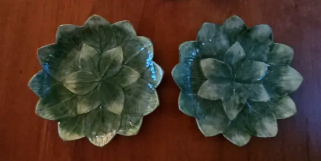 Pair Gorgeous Vintage Italian Pottery Green Leaf Plates 10" Stamped ABC Majolica