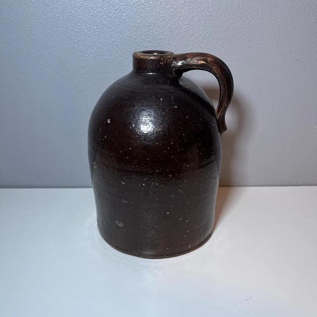 Vintage Large Antique Brown Slip Glaze Stoneware Pottery Jug Handle 11 In. Tall