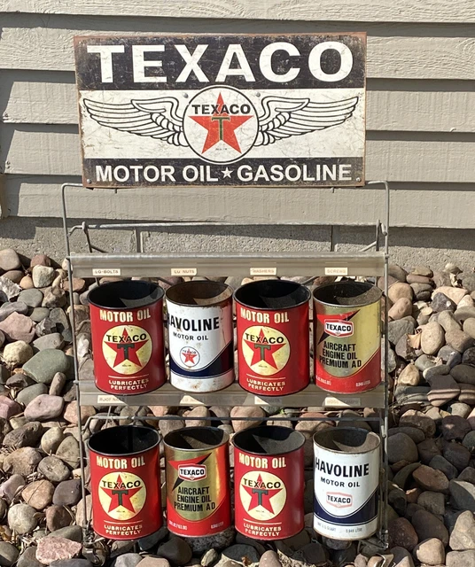 Rare collection 8 Texaco Motor Oil Cans & Display Rack VTG-  local pick up only Rare collection 8 Texaco Motor Oil Cans & Display Rack VTG-  local pick up only