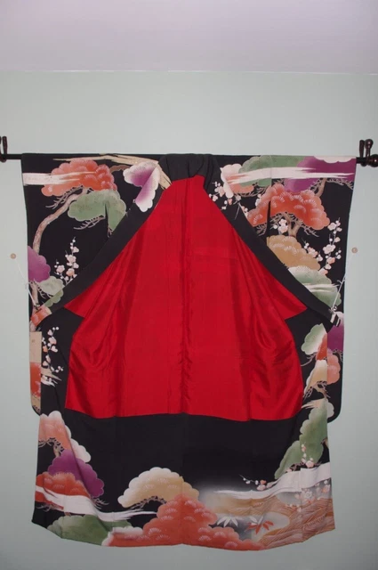 Dramatic Antique Vintage Japanese Kuro Furisode Kimono Hikifurisode Taisho Showa 8