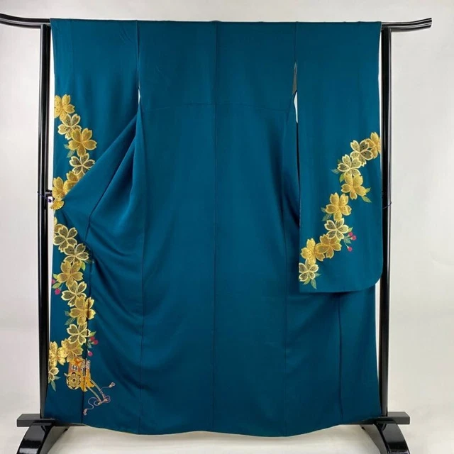 Japanese Kimono Furisode Pure Silk Cherry Blossom An Ox Drawn Coach Blue Green