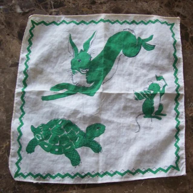 VTG 50's Kids Handkerchief "Rabbit~Turtle~Mouse" Size 8x8 in - Germany - RARE