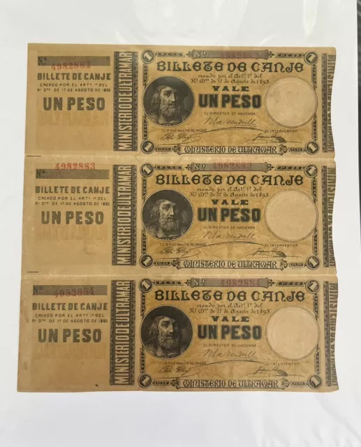 1895 Puerto Rico  Bill .. “Billete De Canje” Paper Money - Sheet Of 3 Banknotes!