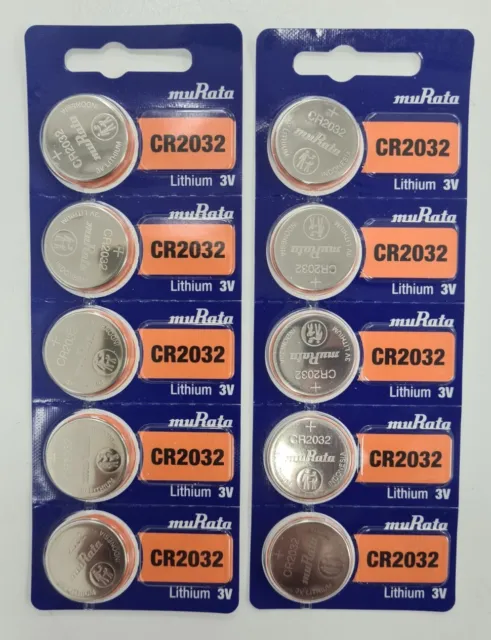 CR2032 3V - 10 Pilas (Litio, Pila de botón), 2 blister, Batería Original Murata