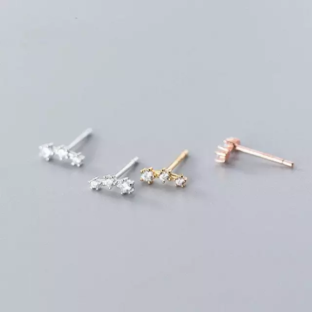 A Pair Solid Silver Small Stars Stud Earrings Three Star CZ Celestial Shine Gold