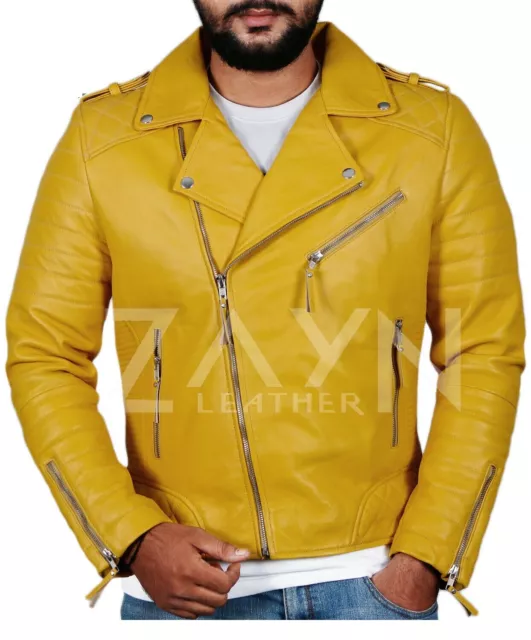 Mens Genuine Lambskin Leather Yellow Motor Biker Jacket Stylish Rider Racer Coat