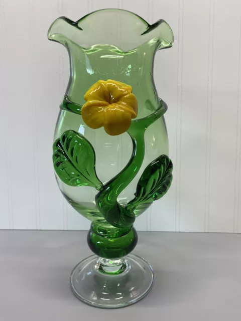Art Glass Hand Blown Green Vase With Applied Hand Blown Yellow Flower 12” Tall