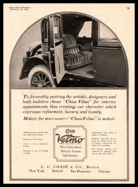 1922 L C Chase & Co Boston Velmo Mohair Car Interior Upholstery Vintage Print Ad