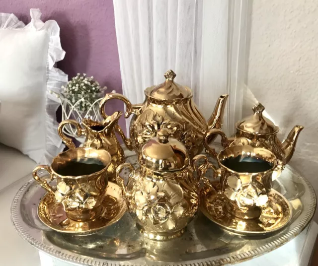 Antik alt barock üppiges Stuckdekor Porzellan Kaffeeservice gold Rosenhäferl