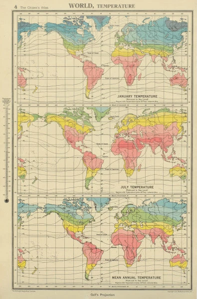 WORLD TEMPERATURE. January July Mean annual. BARTHOLOMEW 1947 old vintage map