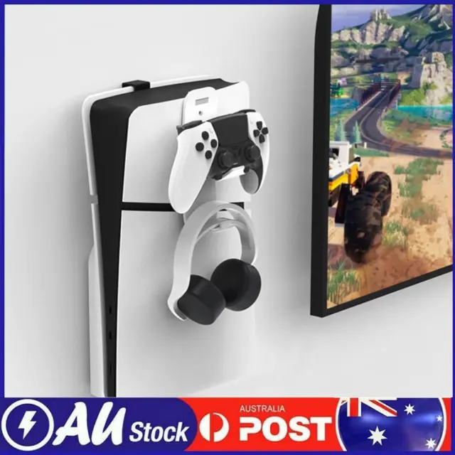 For PS5 Slim Host Wall Mount Bracket with Controller Headset Hook Holder (Black)