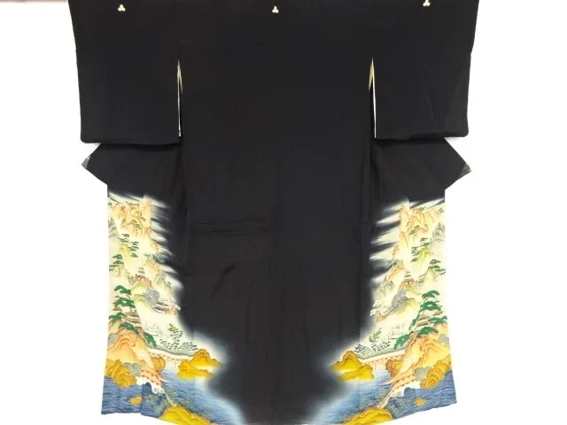 79209# Japanese Kimono / Antique Tomesode / Embroidery / Pagoda With Mountain