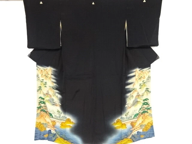 79209# Japanese Kimono / Antique Tomesode / Embroidery / Pagoda With Mountain