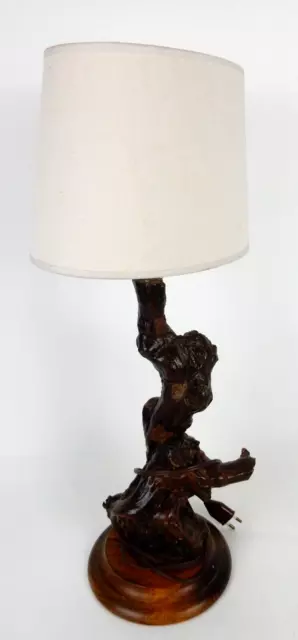 Lampe sur pied artisanale vintage avec socle en bois de 20 cm - Cèpe de vigne