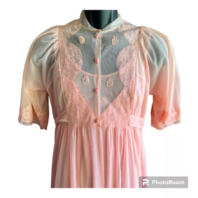 Vintage 60s/70s Texsheen Lingerie Sheer Coral Peignoir Robe Nightgown Set Medium