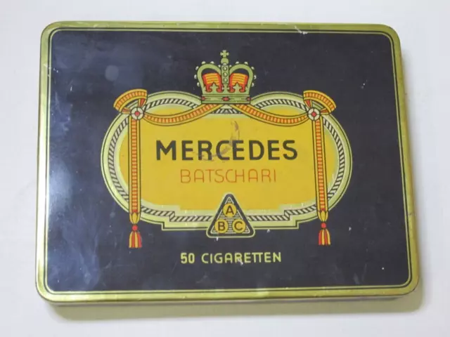 antike BLECHDOSE MERCEDES BATSCHARI CIGARETTEN Blech Dose Reklame Zigarettendose