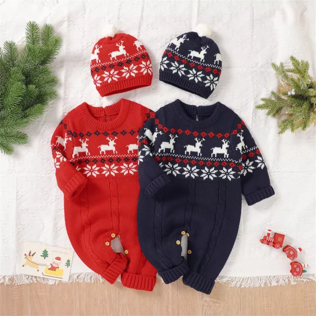 Newborn Infant Boy Girl Christmas Knitted Sweater Jumpsuit Romper Hat Outfit Set