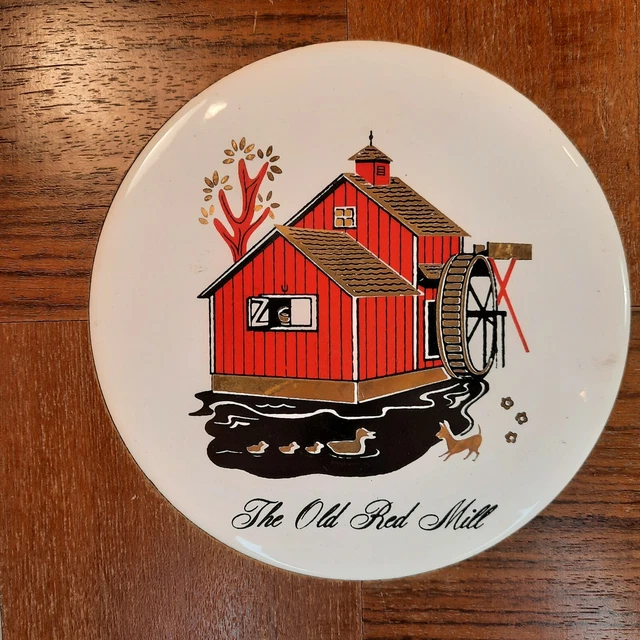 Vintage Wood Frame Ceramic Round Tile Trivet Old Red Mill