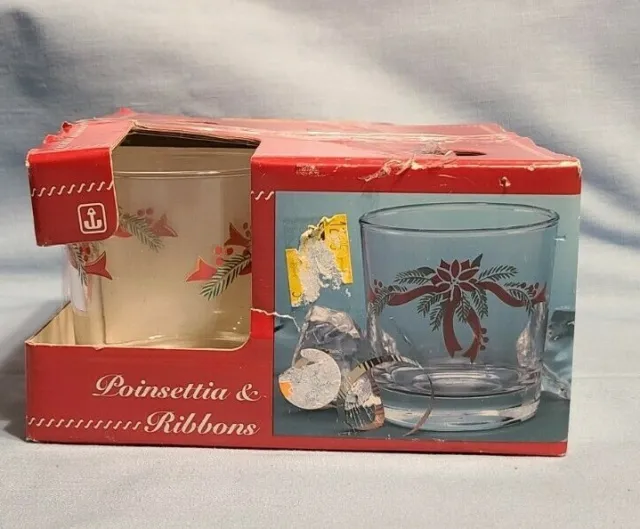 4 Anchor Hocking 3" Poinsettia & Ribbons Christmas On The Rocks Glass Tumblers
