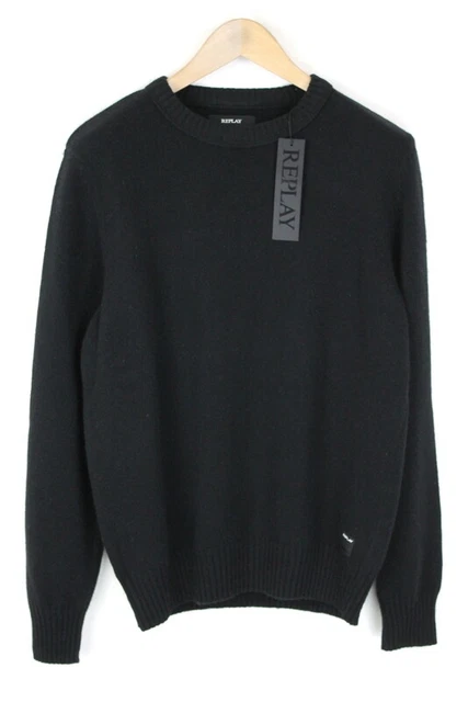 Replay Piccolo Uomo Maglione Misto Lana Logo Maglia Lunga Maniche Rotondo Collo