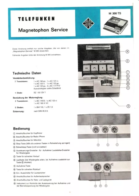 Service Manual-Anleitung für Telefunken M 300 TS