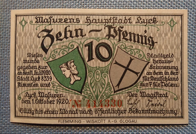 Token Old 10 Pfennig Masurens Capital Lyck East Prussia 1. October 1920