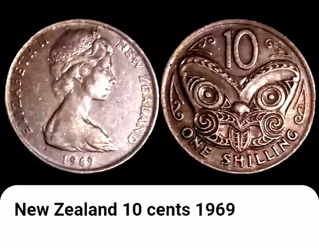 1969 New Zealand One Shilling Ten Cent Coin BONUS OFFERS. Queen Elizabeth II. 10