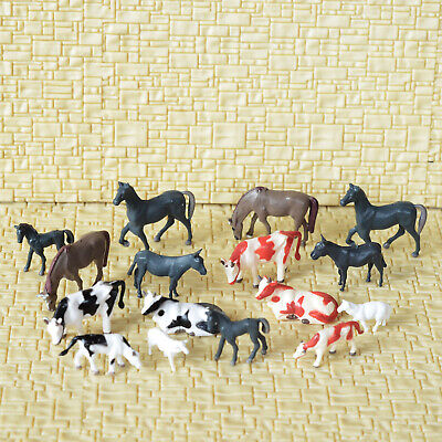 16 x HO scale model railroad scene farm animals mixed horse cow pony goat donkey