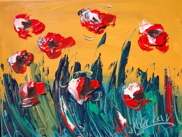 Flowers   Red Blue Yellow Landscape Painting Stretched Canvas Signed 4R32