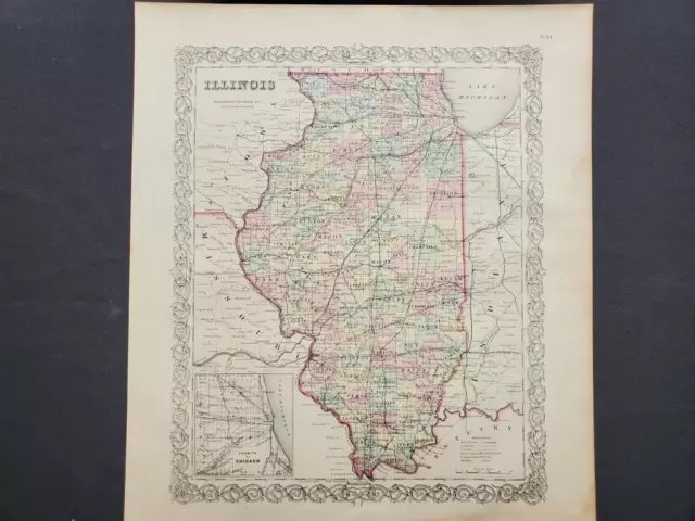 1855 Colton Map - Illinois - 100% Genuine Antique