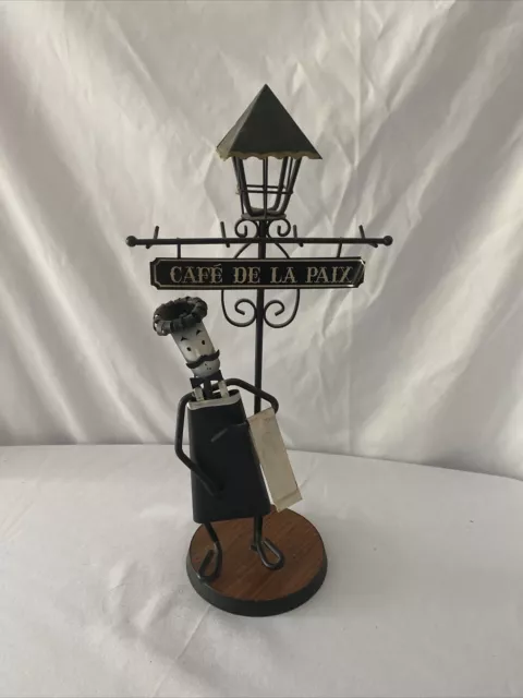 Vintage Cafe De La Paix Metal Art Stick Figure With Wooden Base Made In Japan