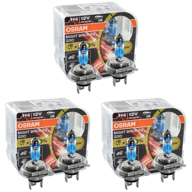 3x OSRAM Nuit Breaker 200 H4 Duobox Jusqu'À 200% Plus de Lumière 3900 K.