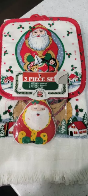 VTG Santa 1990s Kitchen Towel & Pot Holder and Magnet 3-Piece Set NOS, Holiday