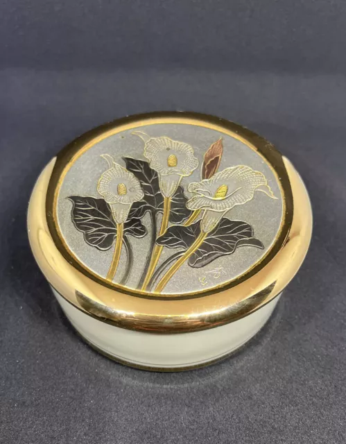The Art of Chokin Japan 24K Gold Trim Porcelain Trinket Box with Flowers Lily
