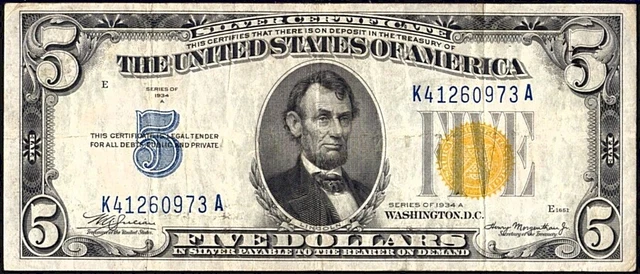$5 Five Dollar 1934 A Silver Certificate FR 2307 Yellow Seal North Africa WWII