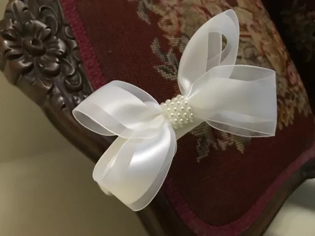 First Communion  White Satin Headband with Sheer and Satin Bow w/ pearl center