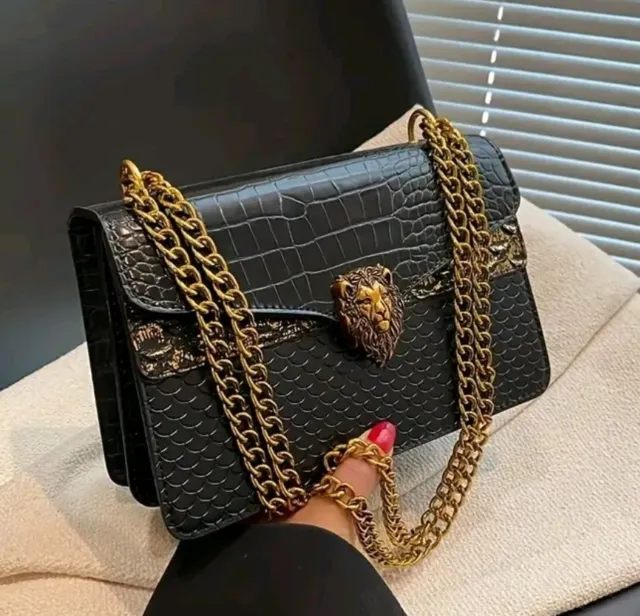 Black Chain Crossbod Bag, Crocodile Pattern, Luxury Design Handbag