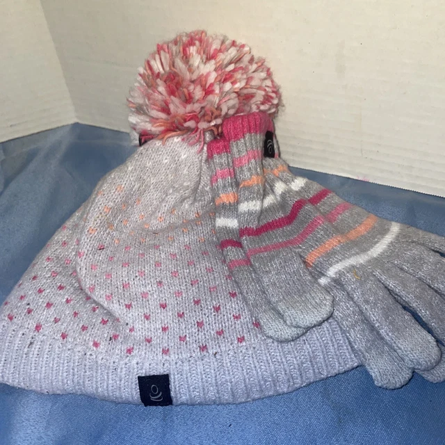 Kohls New Girls 7-14Years Dots/Stripes Hat Gloves Set Gift Fleece Pompom Warm