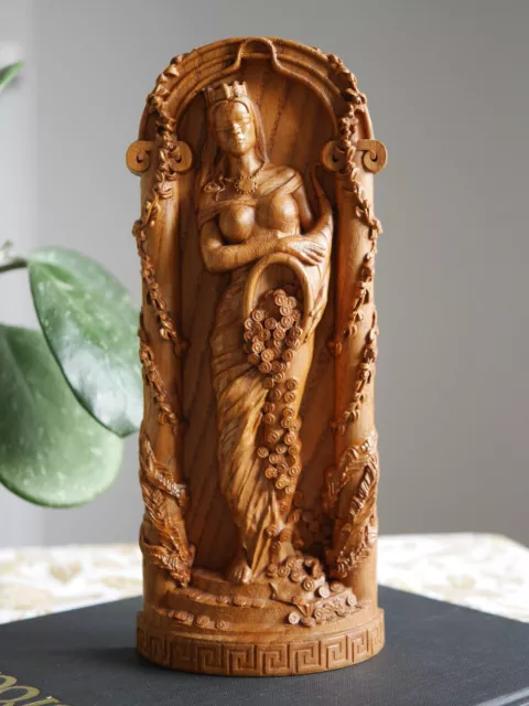 Handmade Wooden Carved Greek Goddess Fortuna Tyche Mythology Statue Ornament