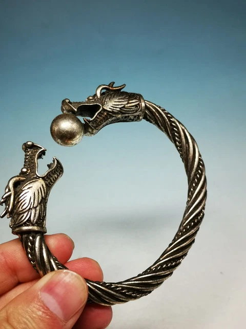 Old Tibetan Silver Handmade Double Dragons Headed Bracelet Men's Bracelet Z06